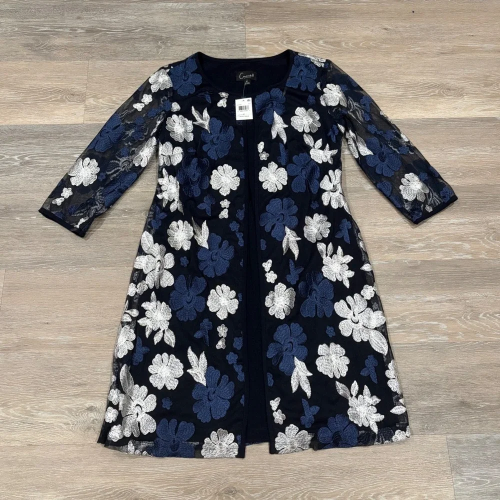 Connected‎ Apparel Navy Blue Floral Embroidered Jacket Dress Set 8P